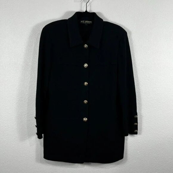 St.‎ John Basics Santana Knit Blazer Women's 12 Black Long Sleeve Gold Button - Picture 1 of 16